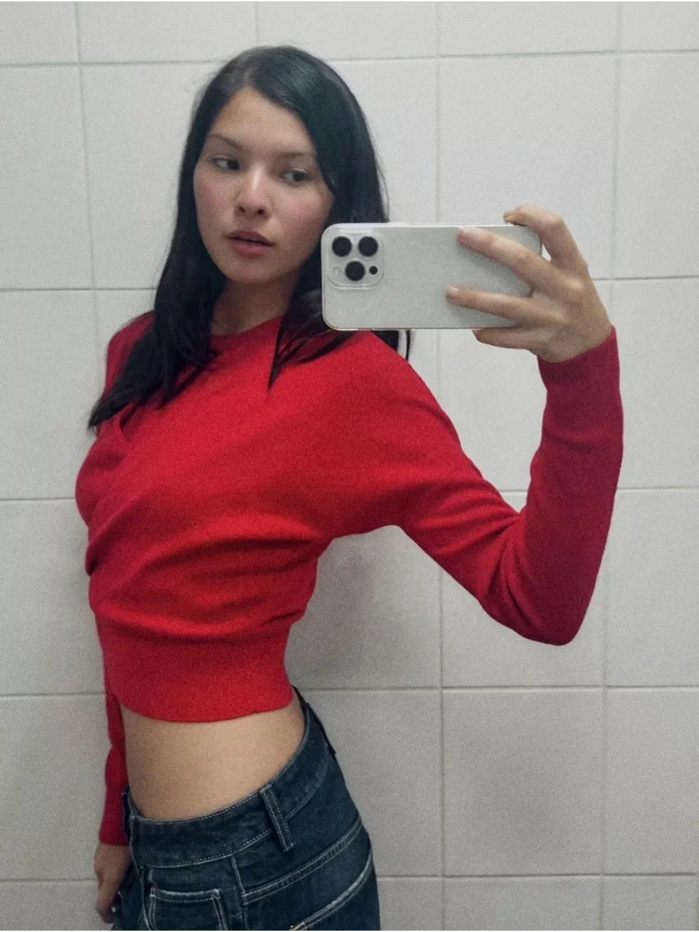 Zara Red Cropped Crewneck Sweater - Women's Top